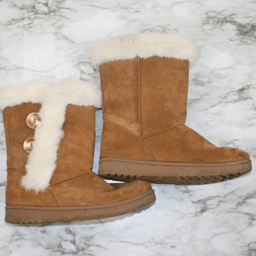 SO Boots Abigail Suede Winter Faux Fur Lined Snow Tan Button Chestnut Brown 8